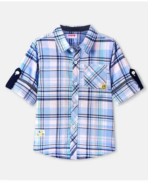 Babyhug Cotton Woven Full Sleeves Checkered Shirt with Sun Embroidery - Light Blue