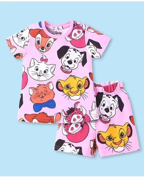 Babyhug Disney Single Jersey Knit Half Sleeves Co-ords Shorts Night Suit with Disney Character Graphics - Light Pink