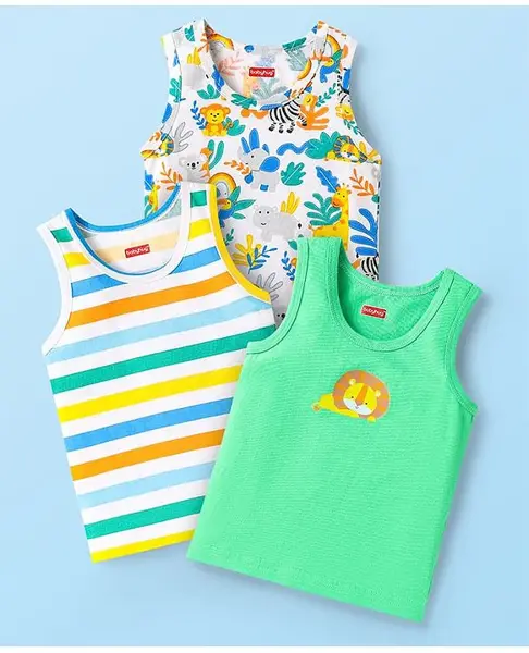 Babyhug 100% Cotton Single Jersey Knit Sleeveless Sandos With Striped & Animal Print Pack Of 3 - Green White & Yellow
