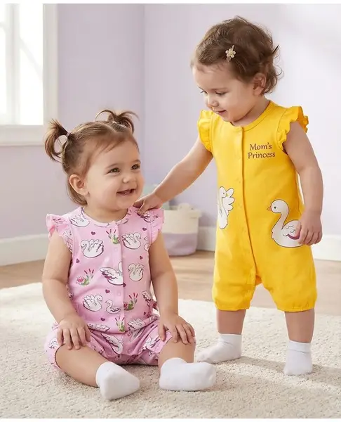 Babyoye 100% Cotton Knit Rompers With Eco Jiva Finish & Bird Print Pack Of 2 - Yellow & Pink