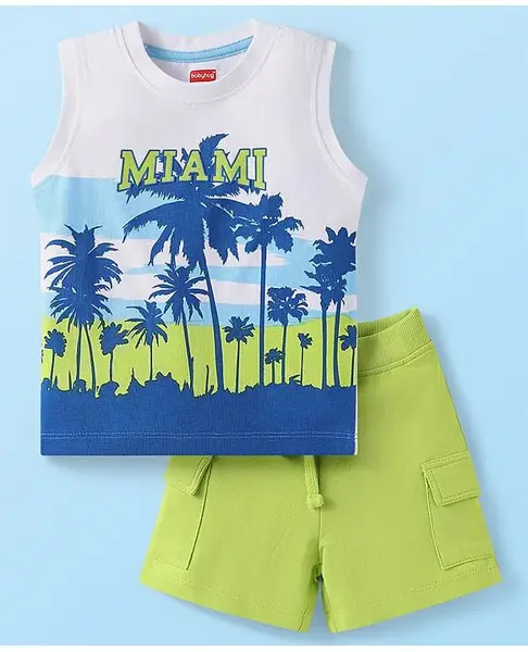 Babyhug Single Jersey Knit Sleeveless Tank T-Shirt & Shorts Set Tropical Theme Print- White Blue & Green