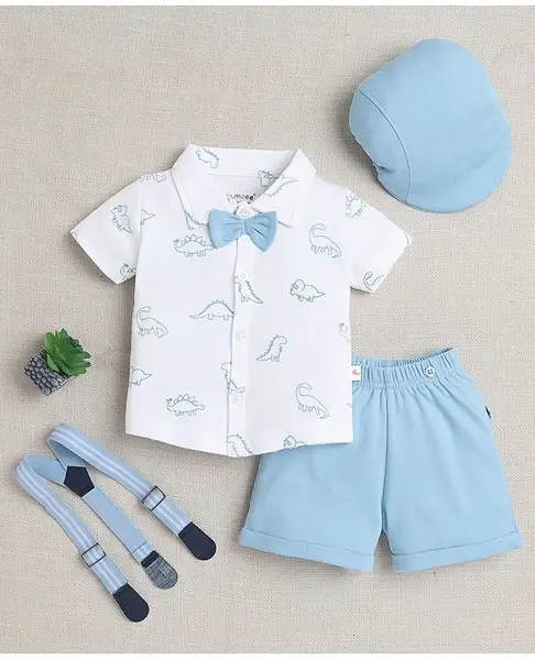 BUMZEE Cotton Knit Half Sleeves Dinosaur Print Shirt & Short Set With Suspender Bow & Cap - White & Sky Blue