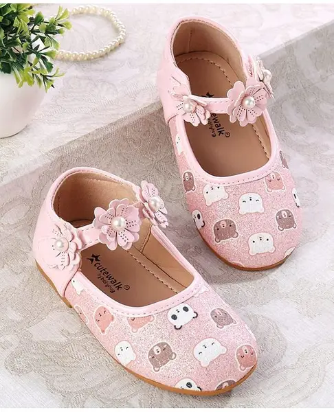 Cute Walk by Babyhug Velcro Closer Ballerina with Floral Applique & Bear Print - Pink