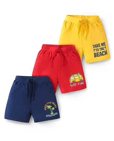 Doodle Poodle 100% Cotton Knee Length Shorts With Beach Theme Print Pack Of 3 - Navy Blue Red & Yellow