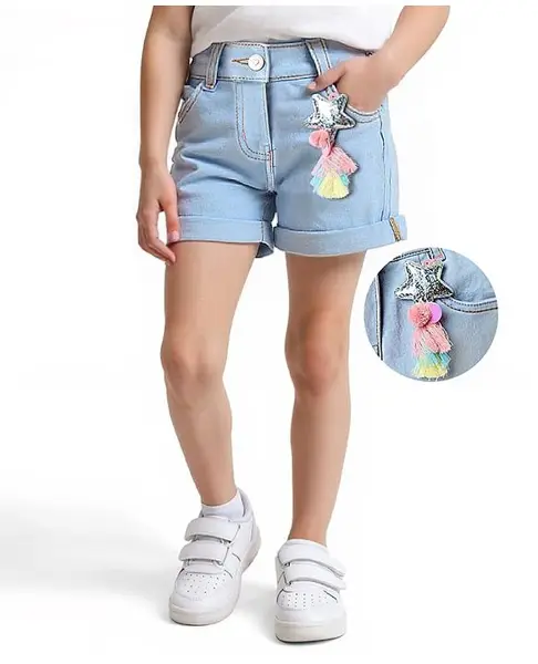 Little Kangaroos Knee Length Washed Denim Shorts with Star Applique - Light Blue