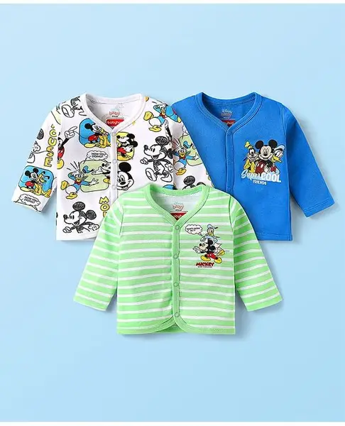 Babyhug Disney Interlock Full Sleeves Jhablas With Mickey Mouse And Family Graphic Pack Of 3 - Light Green & Blue