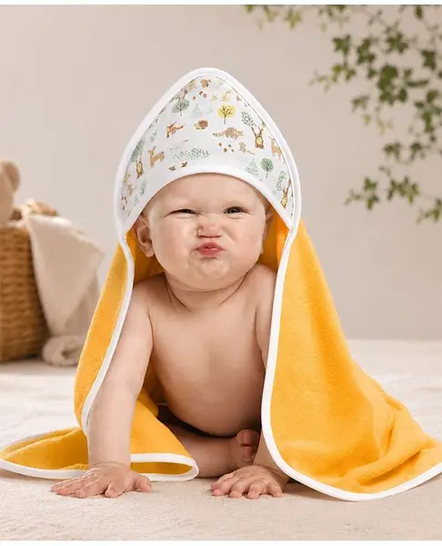 My Milestones Premium Cotton Muslin Hooded Towel with Woodland Wonders Print L 77.5 x B 74 cm - Mustard