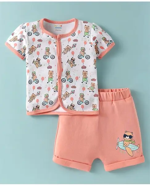 BUMZEE Cotton Knit Half Sleeves Teddy Printed Front Open T-Shirt & Shorts Set - White & Peach