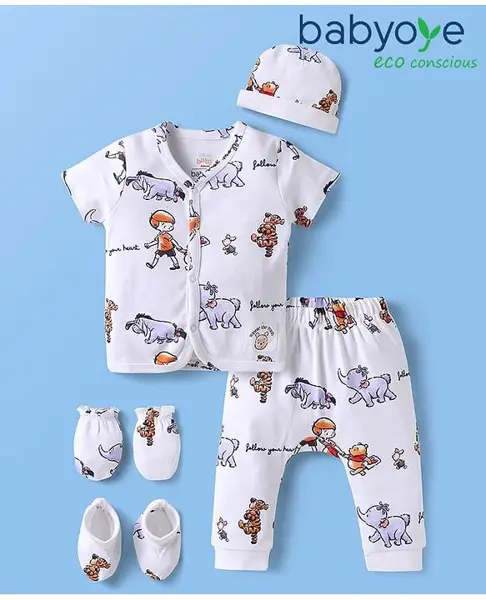 Babyoye Disney 100% Cotton Half Sleeve Jhabla Dipper Leggings Cap Mittens & Booties Set With Winnie The Pooh - White