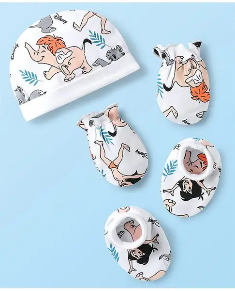 Babyhug Disney Interlock Knit Cap Mittens & Booties With Jungle Book Graphics White - Diameter 11.5 cm