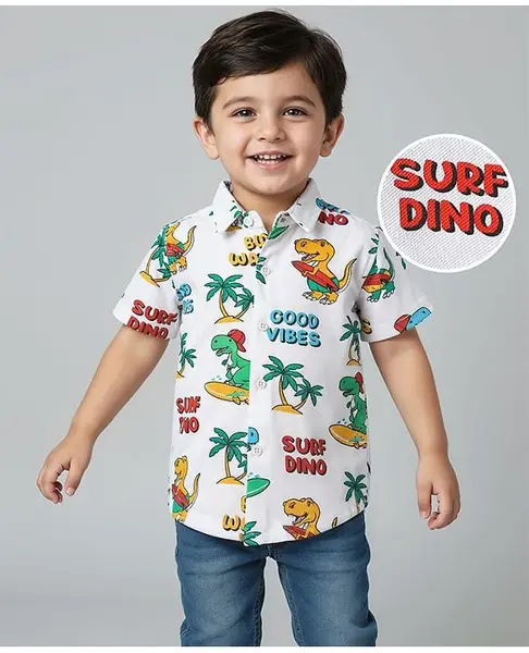 Babyhug Cotton Knit Half Sleeves Shirt With Dino Print - White