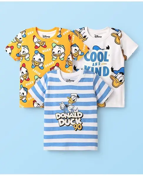 Babyhug Disney Single Jersey Knit Half Sleeves T-Shirts With Donald Duck Graphics Pack of 3 - White Yellow & Blue