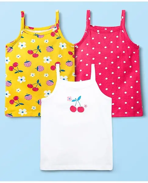 Babyhug 100% Cotton Single Jersey Knit Sleeveless Slips With Polka Dots & Tropical Theme Print Pack Of 3 - Pink White & Yellow