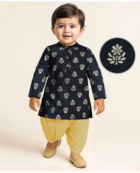 EARTHY TOUCH Single Jersey Knit Mandarin Collar Full Sleeves Kurta Dhoti Set with Floral Foil Print - Navy Blue