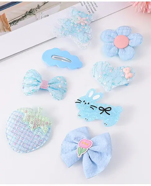 Babyhug Hair Pins and Clips With Bow & Floral Design Pack Of 8 - Light Blue