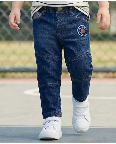 Babyhug Full Length Cut & Sew Denim Jeans with Stretch & Patch Detailing - Navy Blue