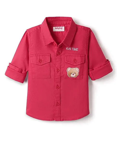 Babyhug Cotton Woven Full Sleeves Shirt with Bear Print - Red