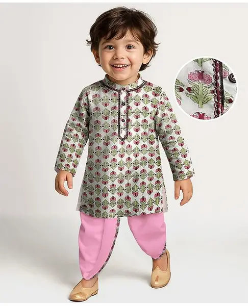 Babyhug Cotton Woven Full Sleeves Kurta Dhoti Set With Floral Print - White
