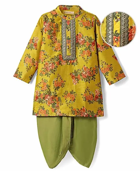 EARTHY TOUCH Rayon Woven Mandarin Collar Full Sleeves Kurta Dhoti Set With Floral Print - Mustard