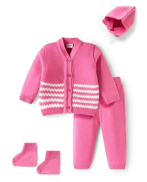 Babyhug Knit Full Sleeves Front Open Shell Designed Sweater Set With Cap & Booties  - Pink & White