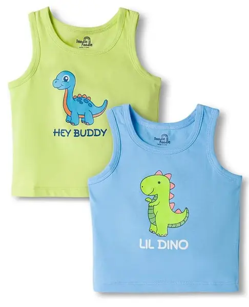Doodle Poodle 100% Cotton Single Jersey Knit Sleeveless Vests With Dino Print Pack Of 2 - Light Blue & Green