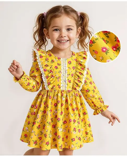 Mark & Mia Woven Full Sleeves Floral Printed Frock with Frill & Lace Detailing - Yellow