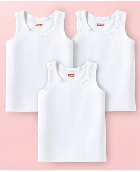 Babyhug 100% Cotton Knit Solid Color Sandos With Pack of 3 - White