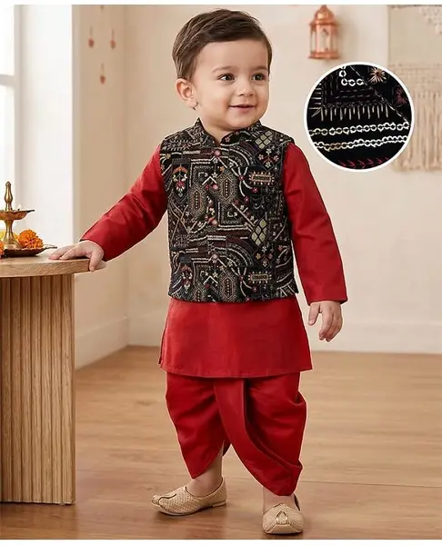 Babyhug Woven Full Sleeves Dhoti & Kurta Set With Embroidered Jacket - Red & White