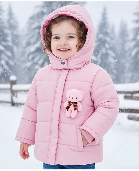 Babyoye Woven Full Sleeves Solid Dyed Padded Hooded Winter Jacket with Bear Applique - Pink