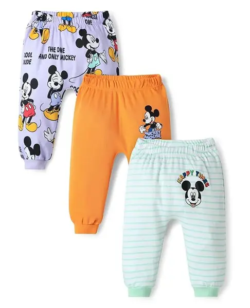 Babyhug Disney 100% Cotton Full Length Diaper Leggings With Mickey Mouse And Family Graphics Pack Of 3 - Orange Lavender & Light Green