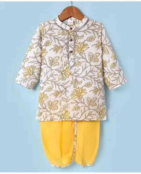 Babyhug Cotton Woven Full Sleeves Kurta Dhoti Set With Floral Print - White & Yellow