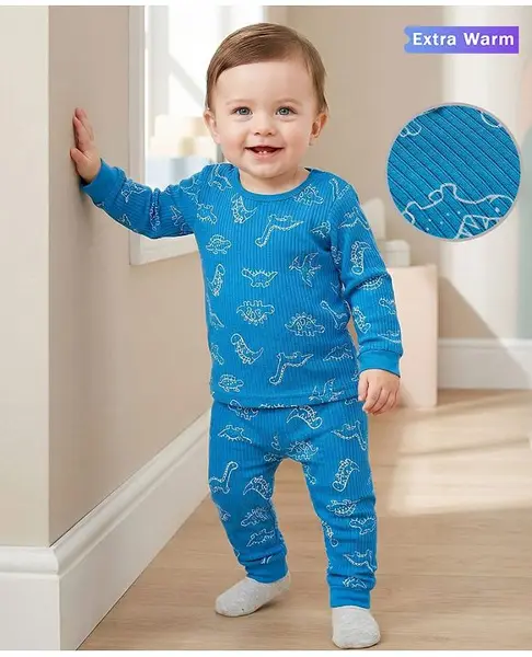 Babyoye Cotton Knit Full Sleeves Thermal Inner Wear With Dino Print - Blue