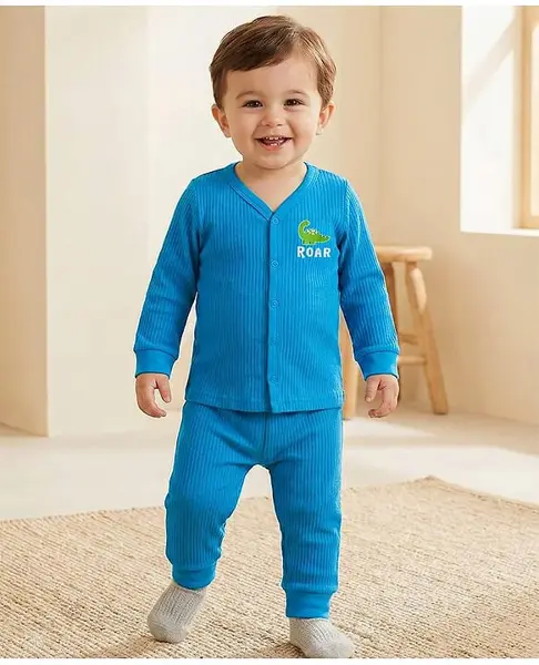 Babyoye Cotton Modal Super Soft Full Sleeves Dino Printed Thermal Wear Set - Blue