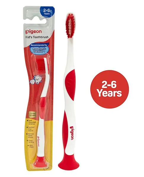 Pigeon Kids Toothbrush BPA Free with Suction Cup Stand - Red