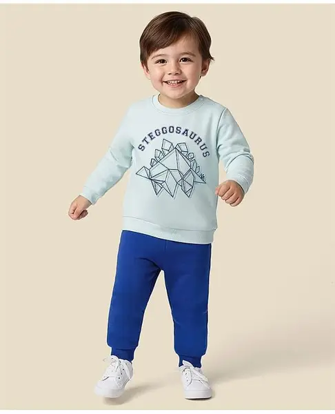 Babyoye Terry Knit Full Sleeves Winter Wear Sweatshirt & Lounge Pant Set with Dino Print - Blue