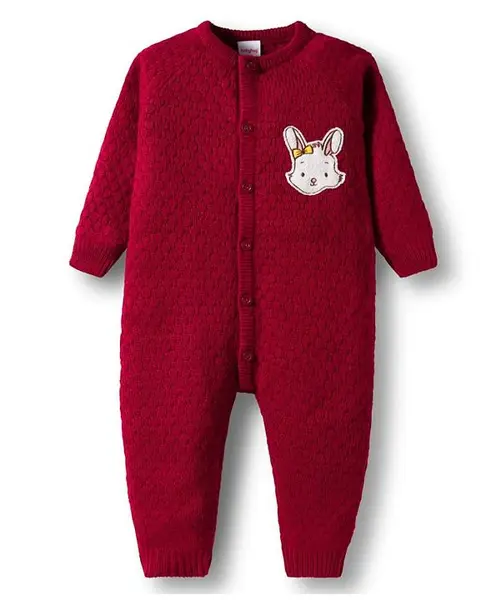 Babyhug Sweater Knit Full Sleeves Winter Wear Romper with Bunny Embroidery Patch - Maroon