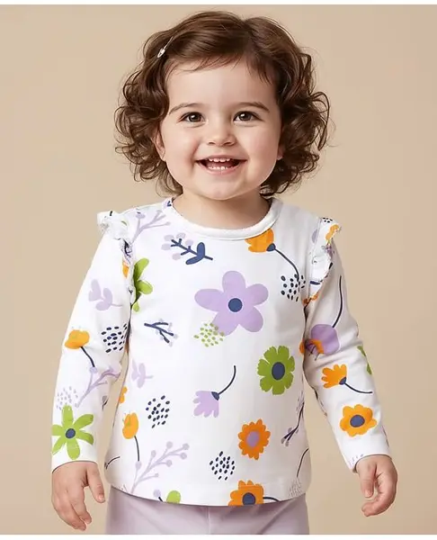 Babyoye Cotton Knit Full Sleeves Floral Printed T-Shirt - White