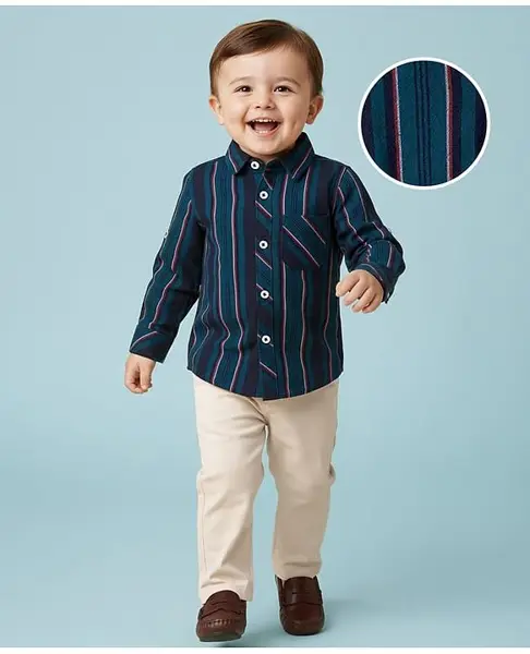 Babyoye 100% Cotton Woven Full Sleeves Striped Shirt with Front Pocket & Trouser Set - Multicolor