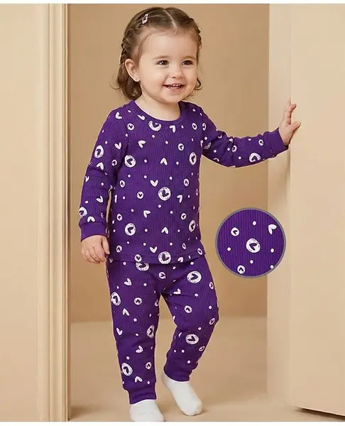 Babyoye Cotton Modal Super Soft Blend Full Sleeves Heart Printed Thermal Wear Set - Purple