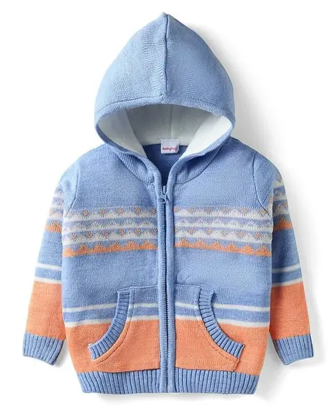 Babyhug Knit Full Sleeves Hooded Sweater With Abstract Design & Kangaroo Pockets - Multicolour