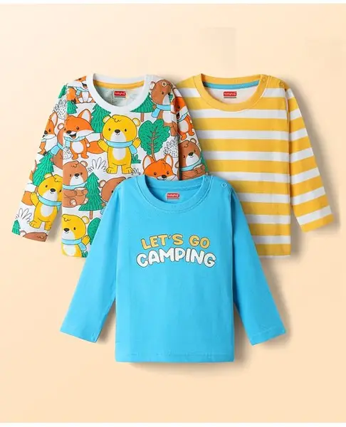 Babyhug 100% Cotton Knit Full Sleeves Striped T-Shirts with Jungle Theme Print Pack of 3 - Yellow White & Light Blue