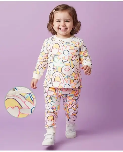 Babyoye 100% Cotton Knit Full Sleeves Winter Wear Co-ords Sweatshirt & Lounge Pant Set with Floral Print - Multicolor