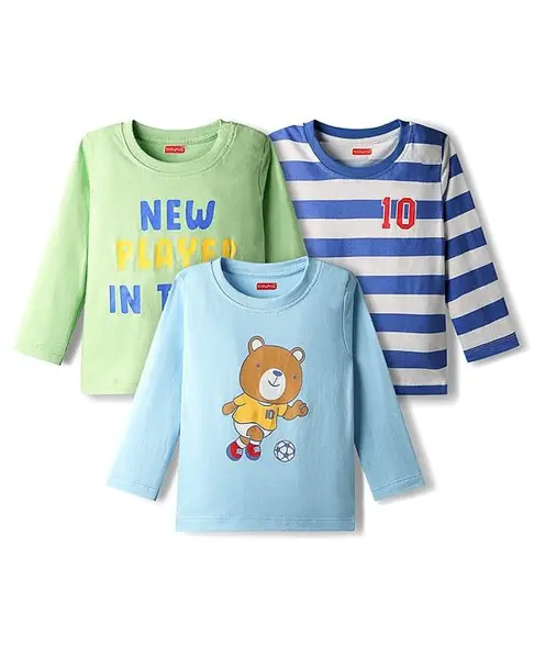 Babyhug 100% Cotton Knit Full Sleeves T-Shirt With Stripes & Animal Print Pack of 3 - Light Blue Light Green & Navy Blue