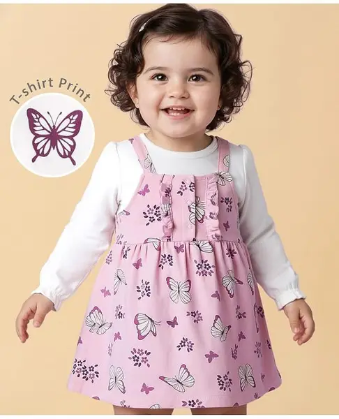 Babyoye Female 100% Cotton With Eco Jiva Finish Placement Print Full Sleeves Frocks with Inner Tee WHITE/PINK 18-24m