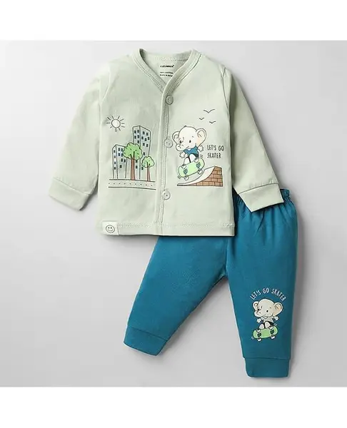 CUCUMBER Sinker Knit Full Sleeves T-Shirt & Lounge Pant Set with Animal Print - Sea Green & Teal Blue