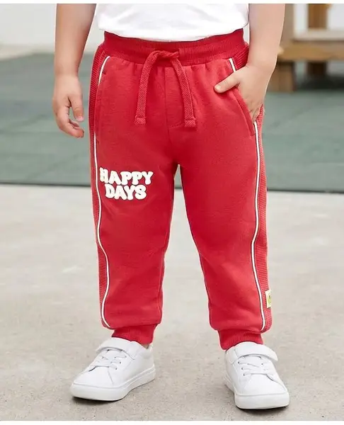Babyhug Terry Cotton Knit Full Length Lounge Pant With Text Embroidery - Maroon
