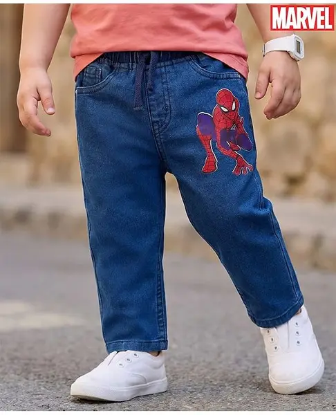 Babyhug Denim Woven Full Length Jeans With Spiderman Print - Blue