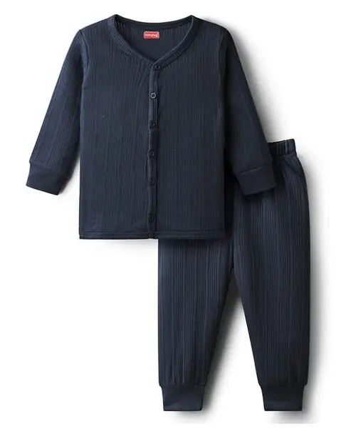 Babyhug Knit Full Sleeves Solid Color Front Open Thermal Vest & Pant Set - Navy Blue