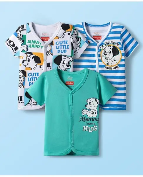 Babyhug Disney Interlock Knit Half Sleeves Jhablas With Dalmatians Print Pack Of 3 - White Blue & Sea Green