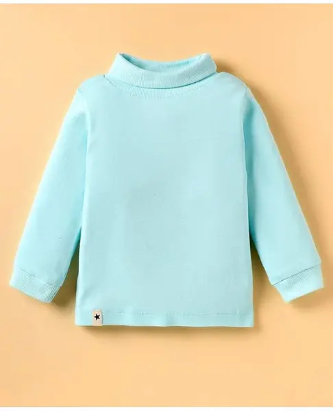 Pink Rabbit Cotton Rib Knit Full Sleeves Turtle Neck T-Shirt with Star Print Patch - Light Blue